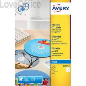 Etichette Full-Face CD Avery per stampanti Ink-jet - Bianco patinate opaco - ø117 mm - 2 et/ff - 25 fogli - J8676-25 (conf.50 etichette)
