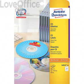 Etichette Classiche CD Avery per stampanti Laser ed Ink-jet - Bianco - ø117 mm - 2 et/ff - 25 fogli - L6043-25 (conf.50 etichette)