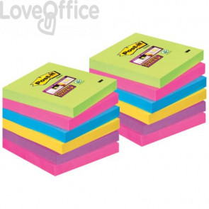 Foglietti riposizionabili Post-it® Super Sticky Ultracolor -76x76mm - turchese, malva, girasole, fucsia, lime (conf.12)
