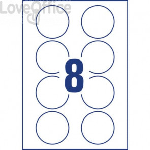 Badge adesivi per tessuti rotondi Avery ø65 mm - Bianco - 8 et/foglio - stampanti Ink-jet - J4881-20 (conf.20 fogli)